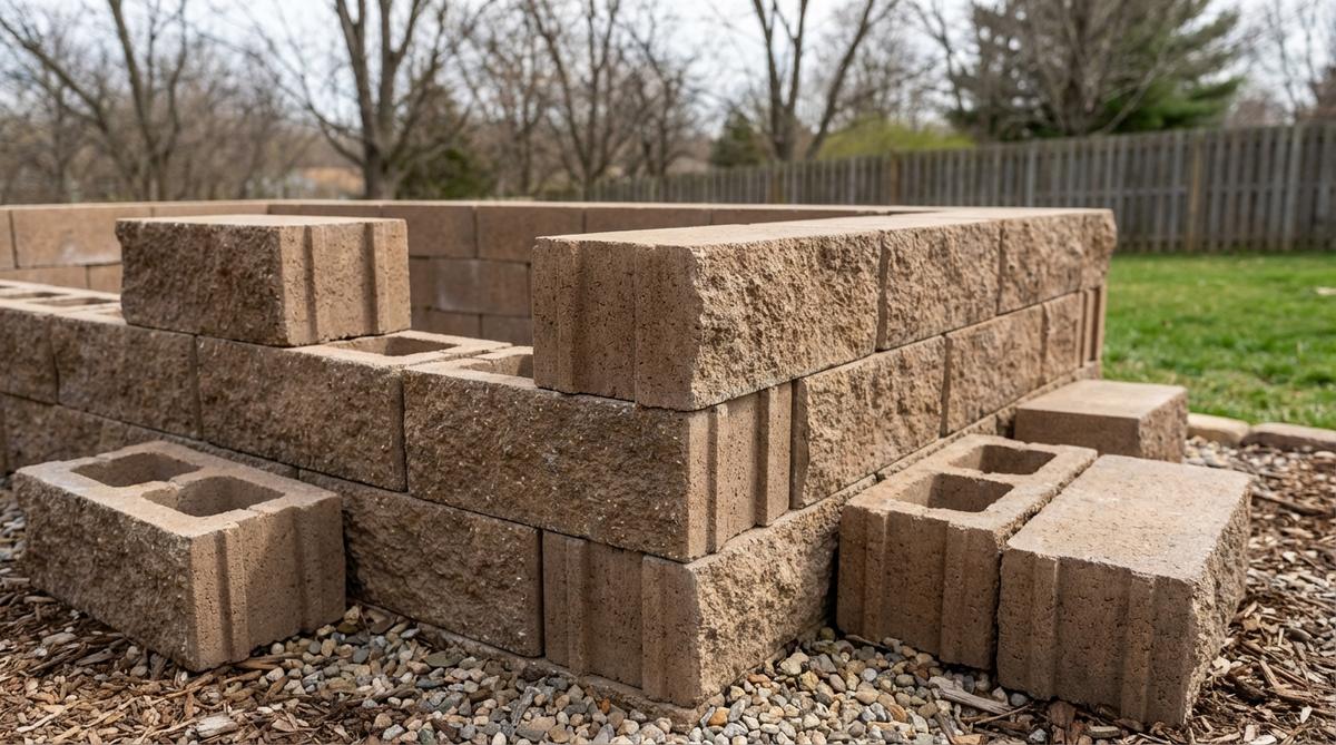 Close-up view of engineered interlocking stone blocks with precision alignment systems for raised garden bed construction, showing the built-in connection channels and hollow core design that allows for easy assembly without traditional masonry skills.