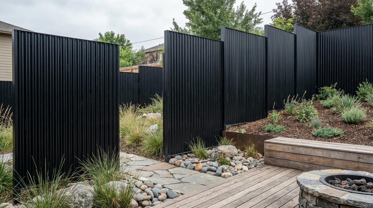 Vertical corrugated steel panels in a jet black finish, showcasing industrial aesthetics with ribbed texture for water runoff and durability against weather elements like wind and hail.