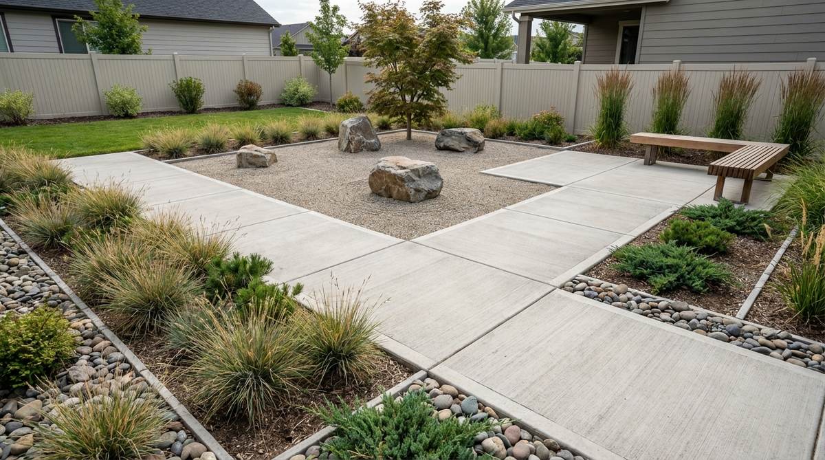 A modern Zen garden featuring L-shaped concrete pathways with sharp right-angle turns, designed to emphasize rectangular lot geometry and create defined planting zones. The pathways maintain a consistent 36-inch width and broom-textured surfaces for slip resistance, maximizing circulation area while leaving central zones open for meditation.