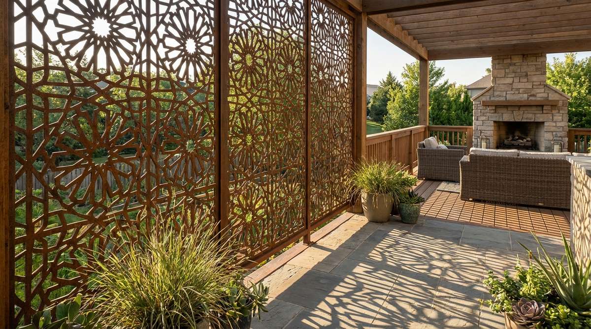 A close-up view of a laser-cut steel screen with intricate geometric patterns, used as a decorative wall element on a balcony. The screen allows air circulation while providing privacy, with light shining through the cutouts to create dramatic shadows on the surrounding surfaces.