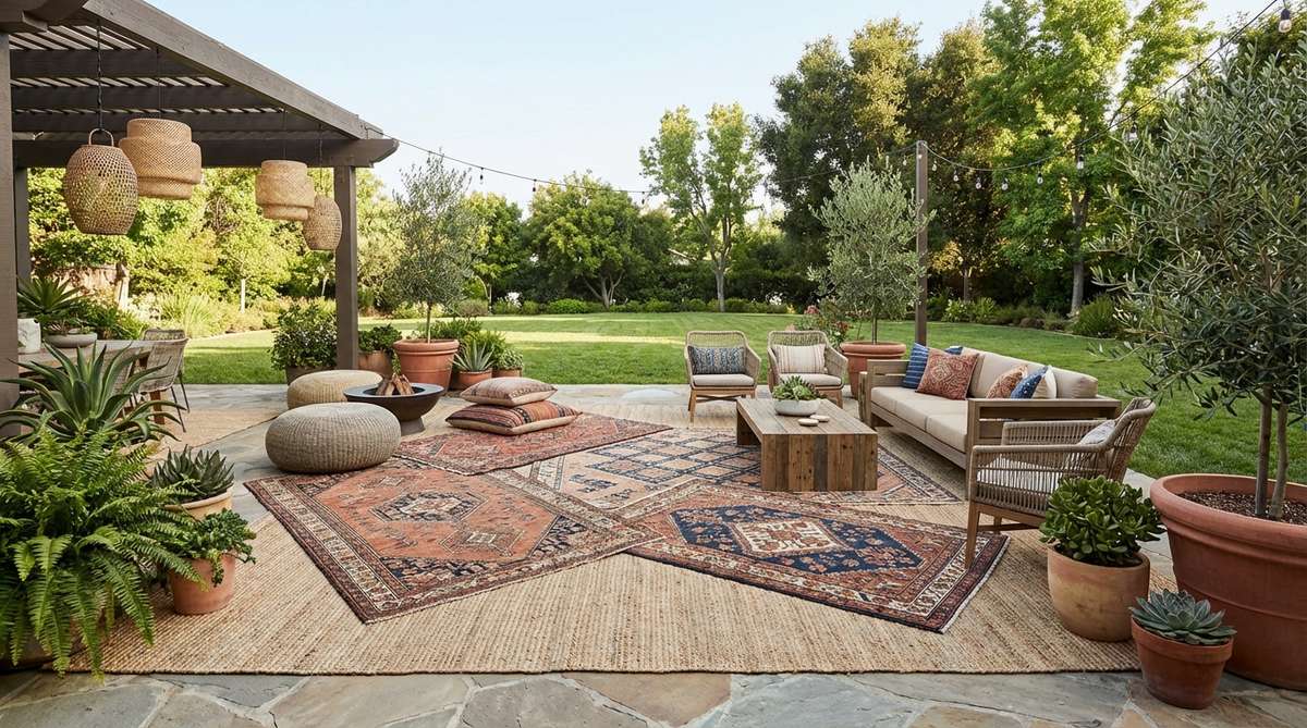 A boho garden scene featuring multiple outdoor rugs layered at different angles to define seating zones, with a large neutral jute rug as a foundation and smaller rugs in Persian, tribal, or geometric patterns for added visual depth and pattern complexity.
