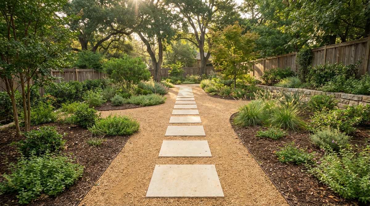 A garden stepping stone design featuring uniform 18x18-inch limestone squares arranged in a straight or gently curved line with 20-inch gaps, set on a base of crushed granite. The warm cream tones of the limestone contrast with the golden-tan texture of the compacted granite, creating an intentional and refined look ideal for frequently traveled garden paths.