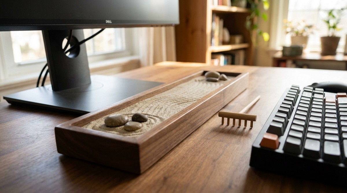 A narrow 16x3-inch linear channel meditation strip mini zen garden designed to fit between a keyboard and monitor base. This elongated format maximizes limited desk depth in compact workstations, allowing users to create continuous flowing patterns along its full length. Ideal for practicing sustained attention over extended linear space, it helps improve concentration during document review tasks and other focused work.