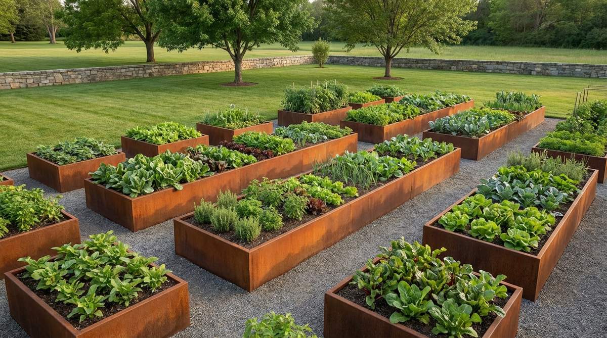 Corten steel raised beds arranged in parallel lines create an organized vegetable and herb garden with architectural structure. The weathered rust patina adds warmth to minimalist garden spaces while clean sightlines and alternating bed widths establish visual rhythm in edible landscapes.