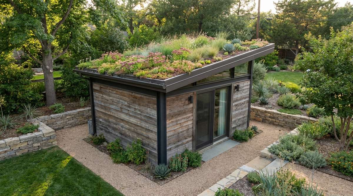 A modern garden shed with a planted green roof, featuring sedum varieties or native grasses that provide insulation, stormwater management, and pollinator habitat. The design includes reinforced framing, waterproof membrane, and drainage layers for ecological benefits and energy efficiency.