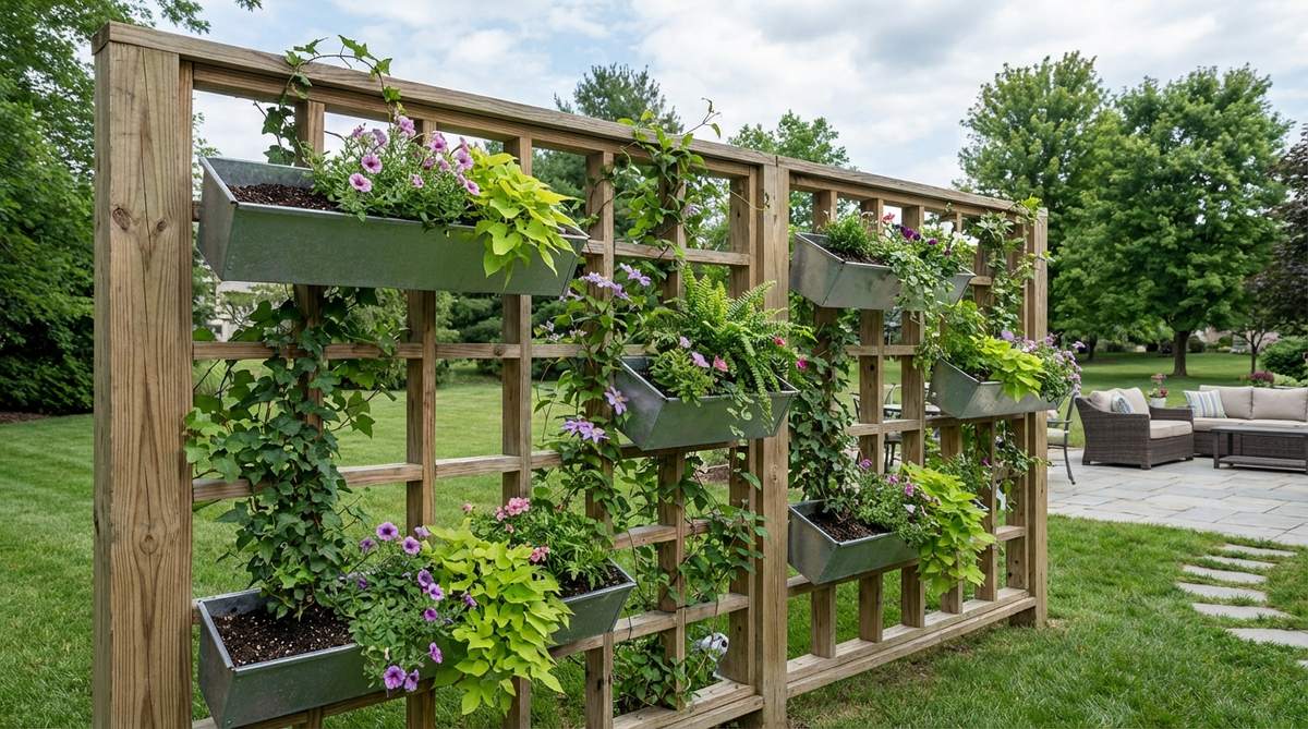 Custom-built wooden grid with integrated planter boxes creating a self-supporting green wall. Shows pressure-treated frames with horizontal rails holding galvanized window boxes angled for drainage, filled with lightweight soilless mix. Lattice sections allow climbing vines to intermingle with container plants for multi-dimensional texture.