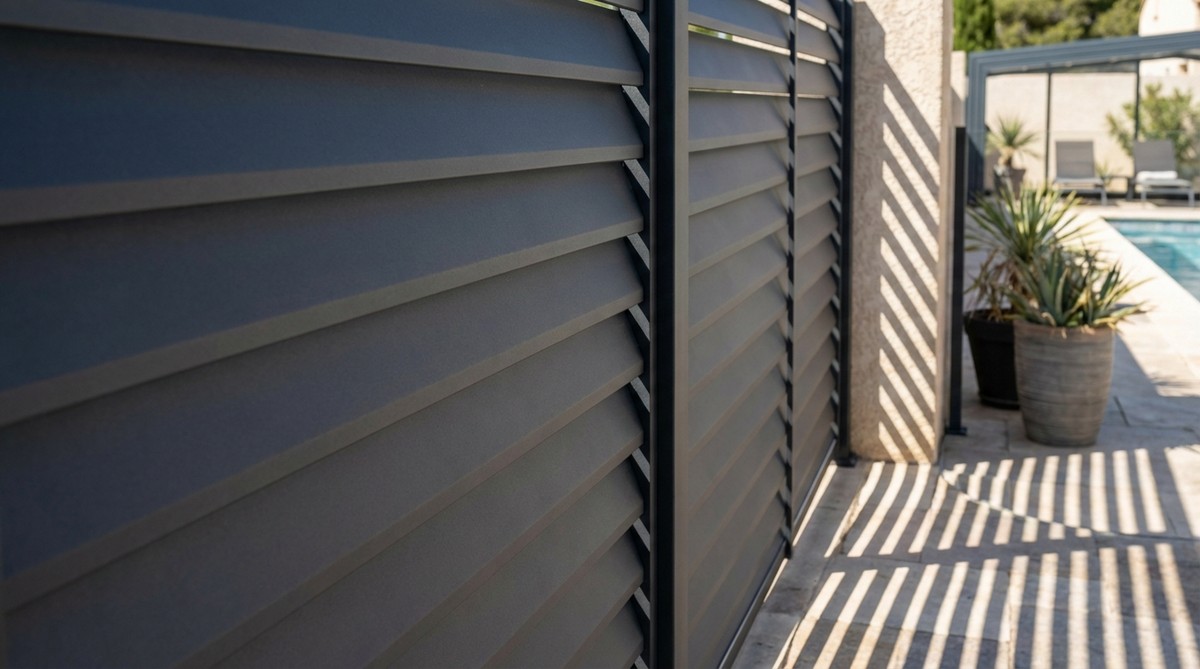 A close-up view of angled horizontal louvered slats on a garden fence, showing their rotation at thirty to forty-five degrees to block sight lines while allowing airflow. The slats create strong shadow patterns and a European-inspired sophisticated look, made from durable aluminum or composite materials to resist warping. Ideal for warm climates and pool enclosures to prevent heat buildup.