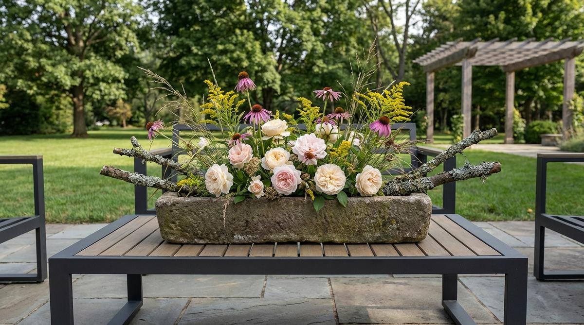 A low horizontal floral arrangement on a modern garden table, featuring seasonal blooms like wildflowers and garden roses in a rectangular vessel, with foraged elements such as lichen-covered branches to enhance organic texture without obstructing sight lines.