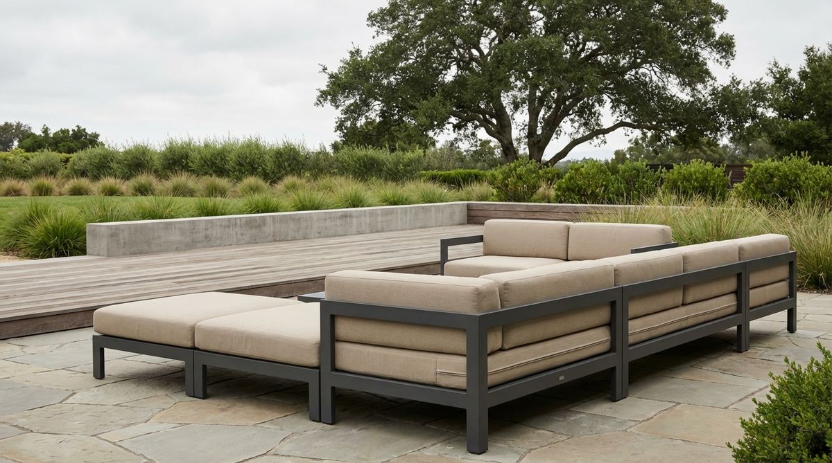 A modular low-profile sectional sofa in a minimalist garden setting, featuring weather-resistant cushions in neutral tones like linen or taupe, with powder-coated aluminum or synthetic wicker frames. The design emphasizes horizontal lines to visually expand outdoor spaces while maintaining open sightlines and circulation paths.