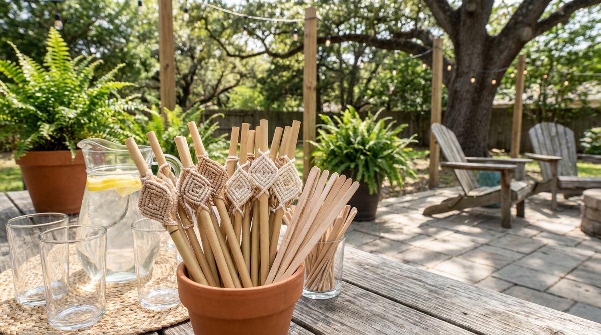 Close-up of miniature macrame pieces, such as diamonds or triangles, attached to wooden drink stirrers or bamboo straws, showcasing boho wedding decorations for signature cocktails. The intricate knotting with embroidery floss or thin cotton cord adds a rustic, handmade touch to beverage service at welcome tables or during cocktail hour.