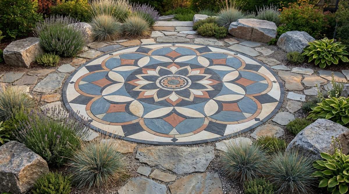 A symmetrical mandala mosaic circle in a stone garden, featuring geometric patterns radiating from a central point with interlocking circles, diamonds, and lotus petals in contrasting stone colors. This balanced design creates a contemplative space for meditation zones and garden corners, providing visual calm that complements organic plantings.