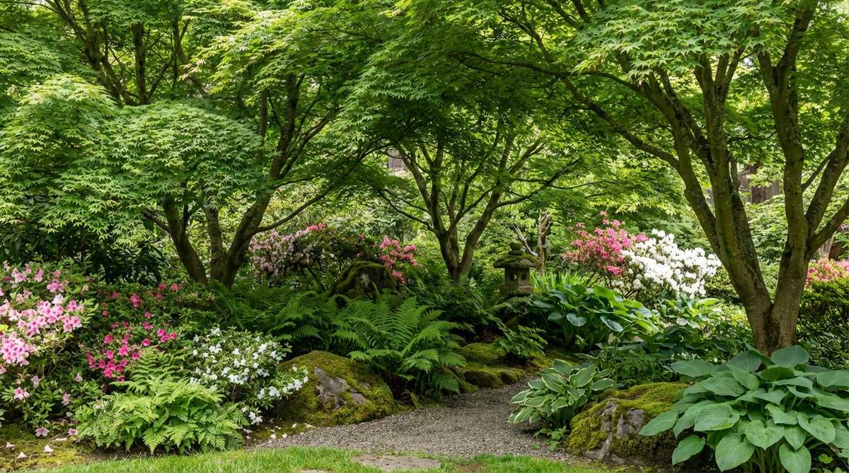 An asymmetrical cluster of three to five green maple trees in a Japanese garden, with understory plants like ferns, hostas, and azaleas beneath the canopy, creating dappled shade and distinct microclimates.