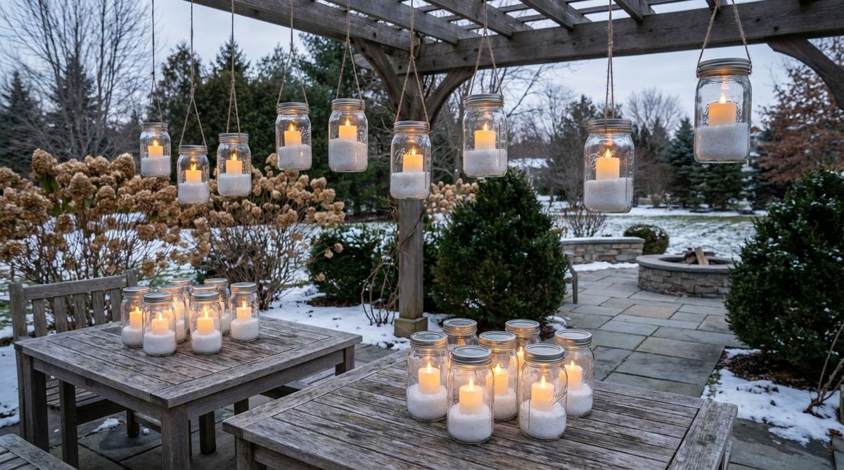 Vintage mason jars with battery-operated pillar candles, filled with Epsom salts or white sand to mimic snow, clustered on outdoor tables or suspended for safe, flickering winter lighting.