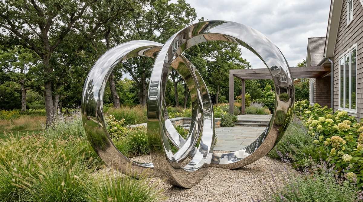 A contemporary garden sculpture featuring continuous loops of mirror-polished stainless steel that reflect and distort surrounding plants, sky, and architecture. The optical-quality polished surfaces create liquid mirror effects, offering multiple viewpoints with different reflected compositions that transform gardens into immersive visual experiences.