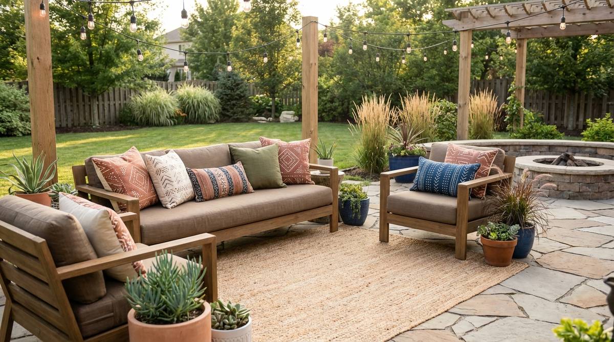 A modern boho decor arrangement featuring mixed pattern pillows with geometric prints, tribal patterns, and solid textures in a unified color family, showcasing varied pattern scales and visual rhythm.