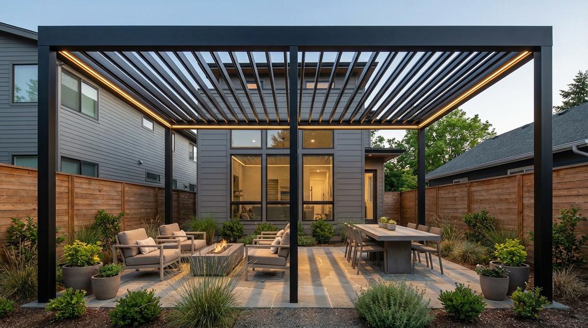 A contemporary small garden pergola featuring black powder-coated steel beams and posts with a slim profile. The minimalist design creates crisp geometric structures that complement modern architecture and hardscape materials. The flat roof with parallel beams emphasizes clean horizontal lines, maximizing sight lines in compact spaces. LED strip lighting integrated along beam undersides provides dramatic evening ambiance.