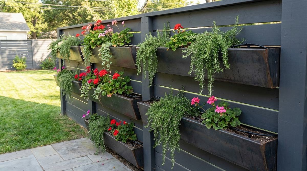 A contemporary garden fence featuring built-in horizontal planter boxes stacked at intervals, creating a living wall with cascading plants like trailing rosemary and ivy geraniums. The modular design maintains fence structure while providing visual movement and seasonal color, with drip irrigation visible within the planters for automated watering.