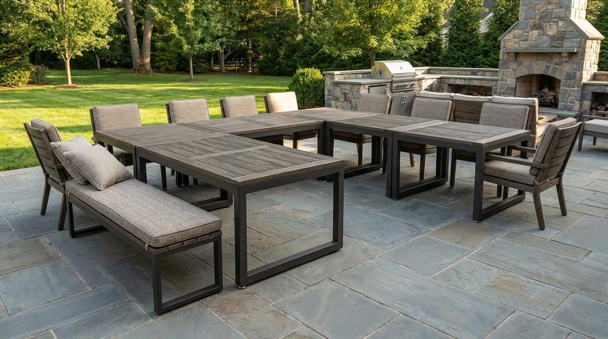 A modular table system with square and rectangular modules arranged in an L-shaped configuration on a patio. The tables have self-leveling feet and are shown with seating for 10-12 people, demonstrating flexible capacity for outdoor entertaining.