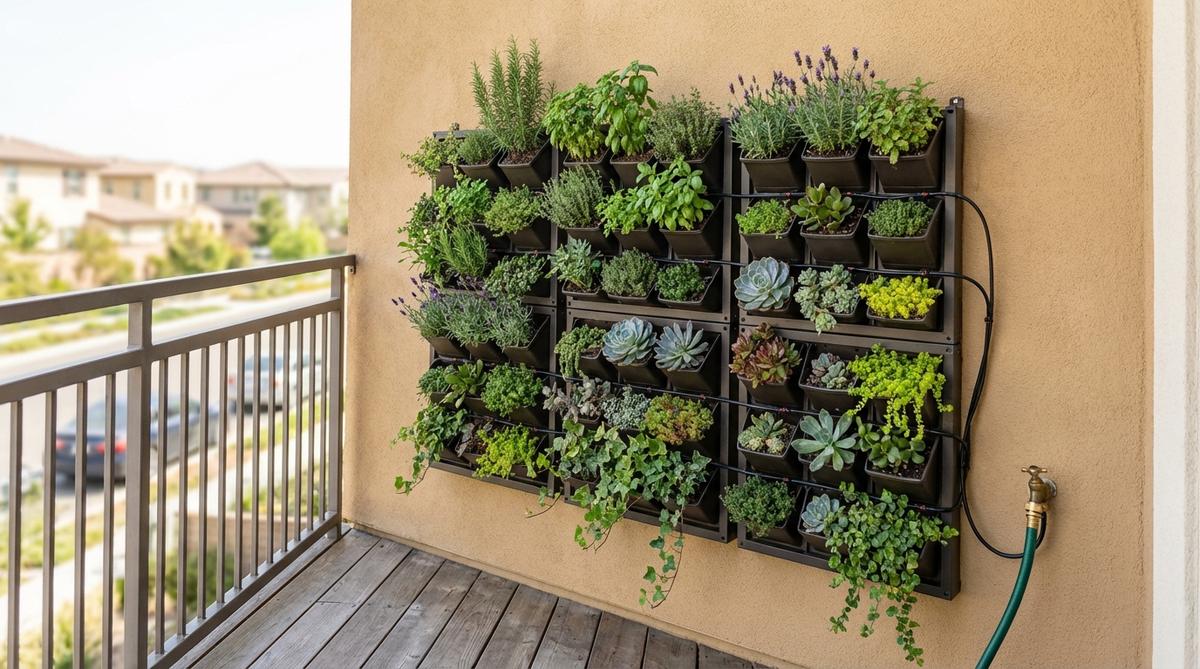 A set of interlocking wall planter grids mounted on an exterior balcony wall, featuring individual cells filled with herbs, succulents, and trailing plants. The system includes integrated drip irrigation connected to an outdoor faucet, showcasing efficient space-saving design for urban gardening.