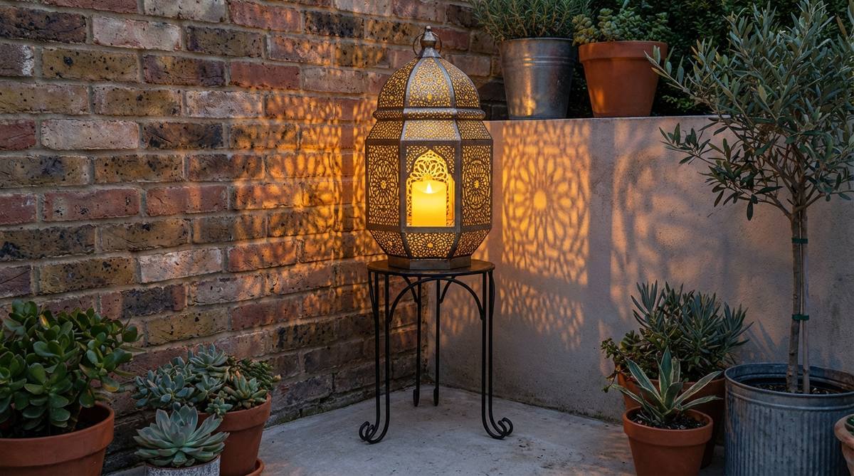 A pierced metal Moroccan lantern placed on a simple black metal stand, casting geometric light patterns on a concrete or brick wall in an industrial boho decor setting. This setup creates ambient pools of light, ideal for corners or seating areas, with a battery-operated LED candle inside for safety in high-ceiling lofts.