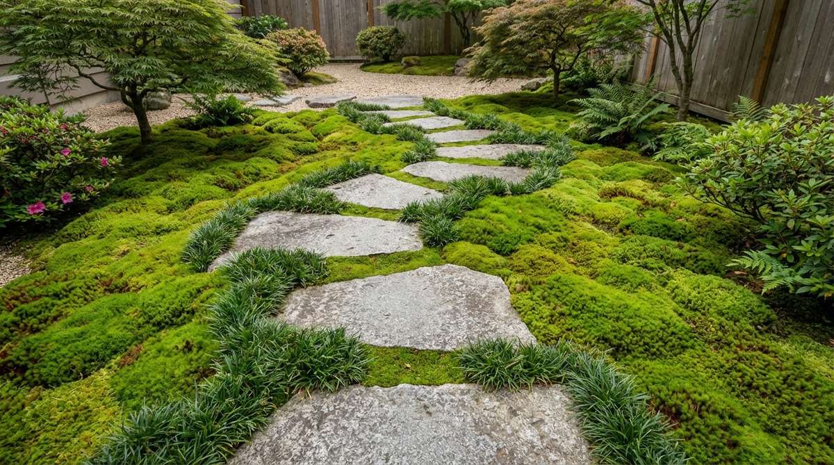 A serene Japanese garden scene featuring large flat stepping stones crossing through expansive moss fields, resembling bridges over green rivers. The stones are spaced at comfortable stride intervals, with moss filling the gaps completely. Yamato-fude-goke moss with its spiky texture is used along the edges to create distinct borders, preventing moss creep onto the stone surfaces. This functional design invites physical interaction, allowing viewers to experience the moss intimately while walking, observing texture and color variations up close.