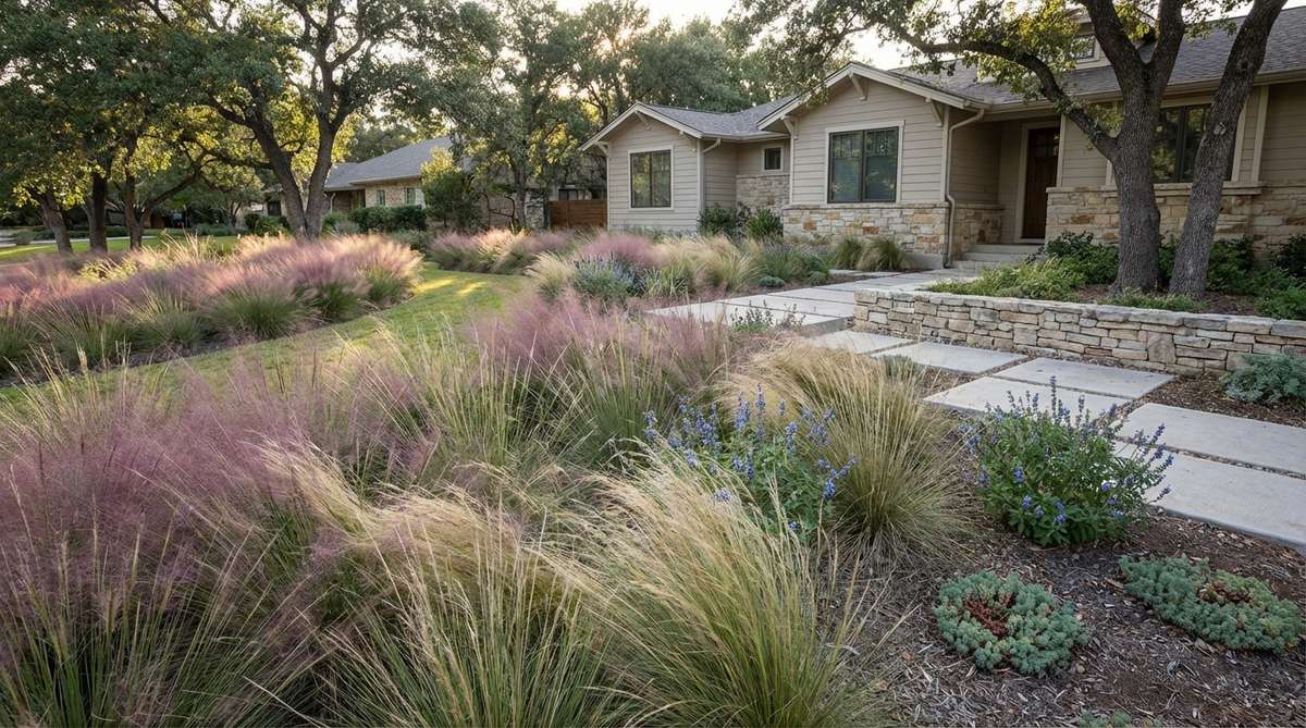 A modern front yard garden featuring a native grass tapestry with sweeping drifts of purple muhly, side-oats grama, and prairie dropseed grasses, creating textural ribbons that shift with wind and light, punctuated by minimal perennial accents for a low-maintenance, high-impact design.