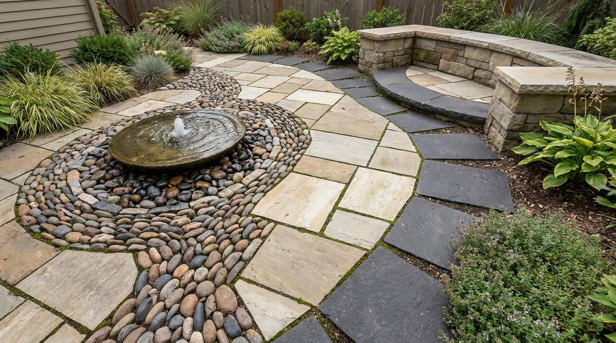 A close-up view of a natural stone mosaic inset in a small garden courtyard, featuring river rock or tumbled stone set in concrete to create a textured focal zone. The organic shapes contrast with rectangular paving patterns, and contrasting stone colors like dark basalt against pale limestone are used to define seating areas, water feature surrounds, or emphasize routes through the space.