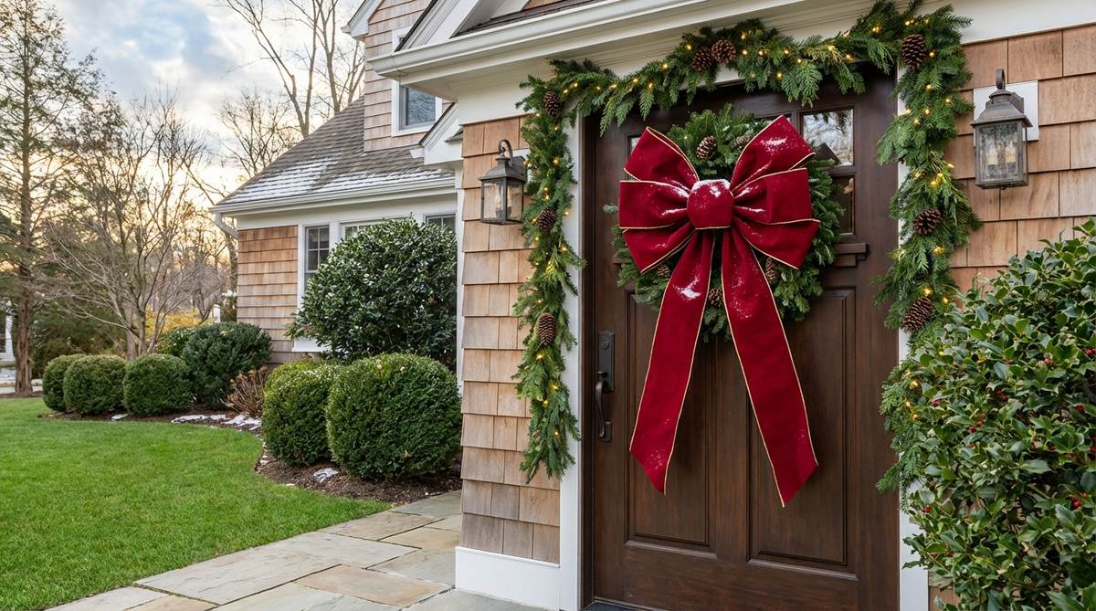 A large-scale velvet or weather-resistant ribbon bow mounted on a front door for Christmas outdoor decor. The oversized bow creates festive impact with minimal effort, using outdoor-grade materials with wire-edged ribbon that maintains shape through weather. Available in traditional red, elegant gold, or modern silver to coordinate with holiday color palettes.