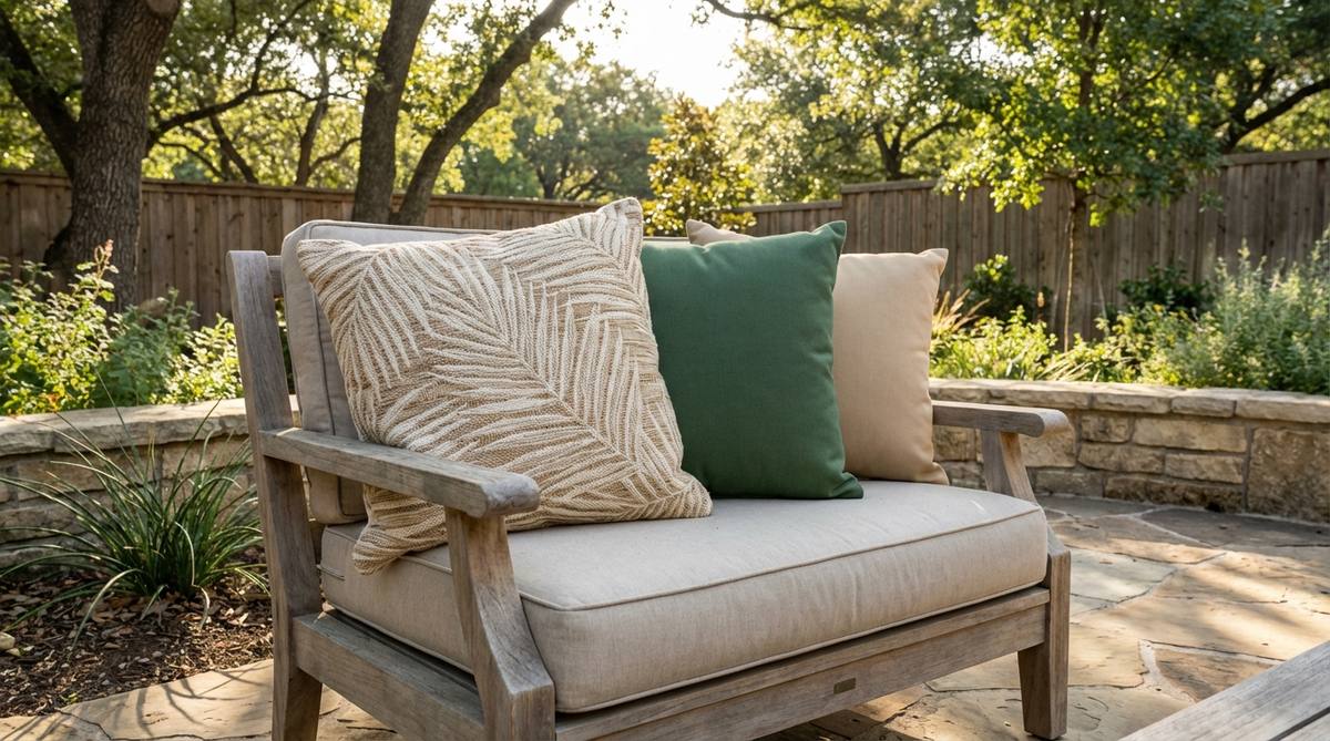 Outdoor decor pillow featuring a woven palm frond pattern in jacquard weave, creating dimensional texture and subtle tropical references. Perfect for complementing wood furniture and pairing with solid green or sand-colored pillows.