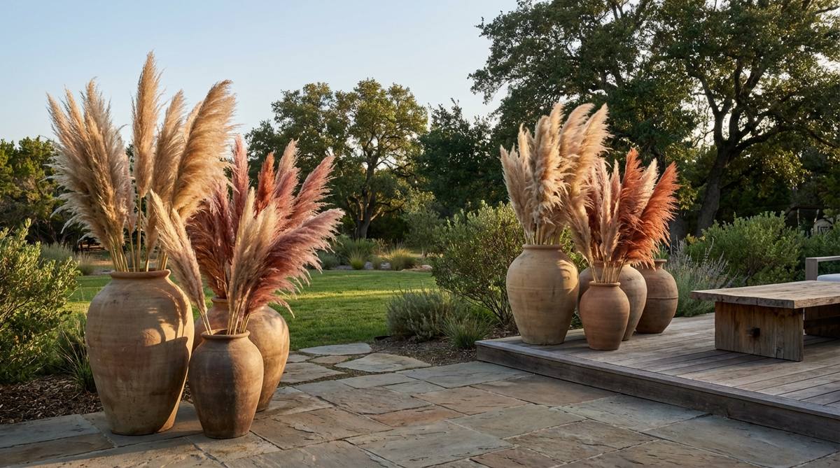 Tall pampas grass plumes in oversized floor vases create dramatic vertical statements for boho decorations party. Natural beige pampas works universally, while dyed versions in dusty rose or terracotta can accent specific color schemes. Position arrangements at varying heights using vases of different sizes. Group three or five vessels together in odd-numbered clusters for balanced asymmetry. The feathery texture catches late afternoon and evening light beautifully. As wind moves through the plumes, they create gentle motion that adds life to static tablescapes.