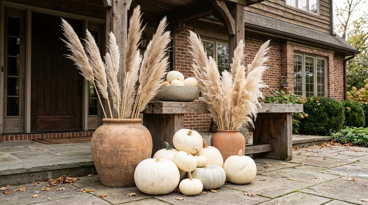 A boho Halloween decoration featuring tall dried pampas grass plumes in natural or bleached tones arranged behind white pumpkins, creating soft vertical interest with feathery textures. The arrangement is placed in concrete or terracotta vessels, suitable for entryway consoles, dining tables, and fireplace mantels during October and November.