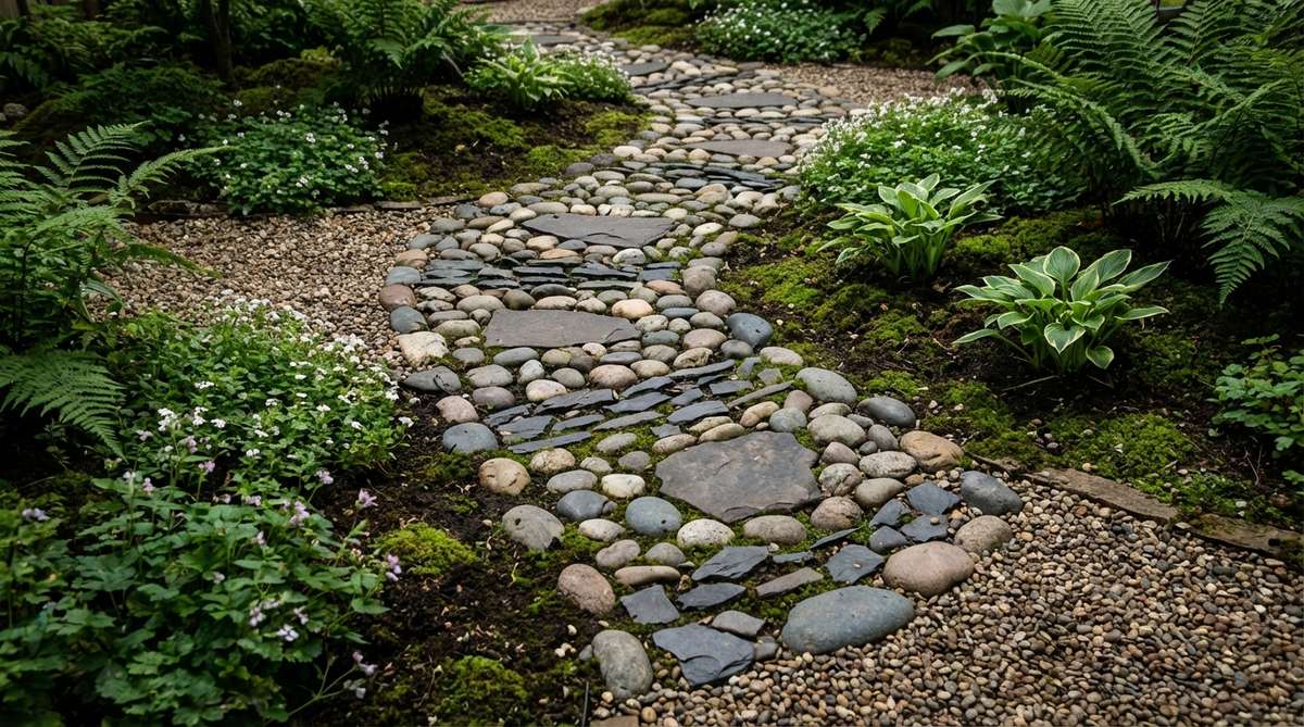 A close-up view of a meandering pebble stepping stone path in a fairy garden, featuring smooth river rocks and slate chips arranged with natural spacing to guide the eye through the scene, pressed into soil and moss for a worn, established aesthetic, bordered by smaller gravel to define the pathway.