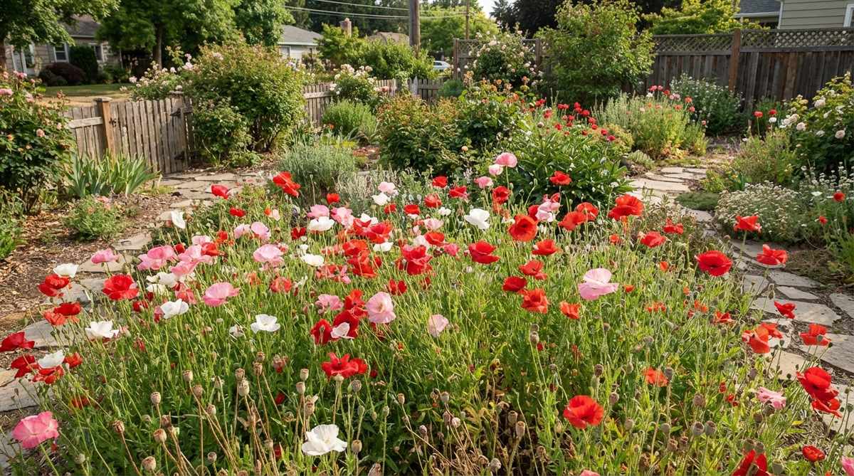 A naturalistic drift of annual poppies in a cottage garden, featuring tissue-paper blooms in scarlet, pink, and white colors. The self-seeding colony creates shifting patterns each spring, with dried seed pods visible among the plants.
