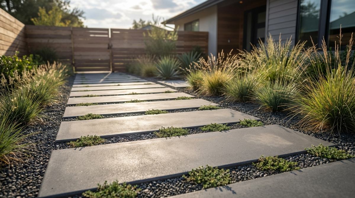 A minimalist pathway made of large-format poured concrete pavers in charcoal, taupe, or white, spaced 2-3 inches apart and filled with fine gravel or low groundcover, showcasing their heat-modulating properties and sealed surface for durability in a modern garden setting.