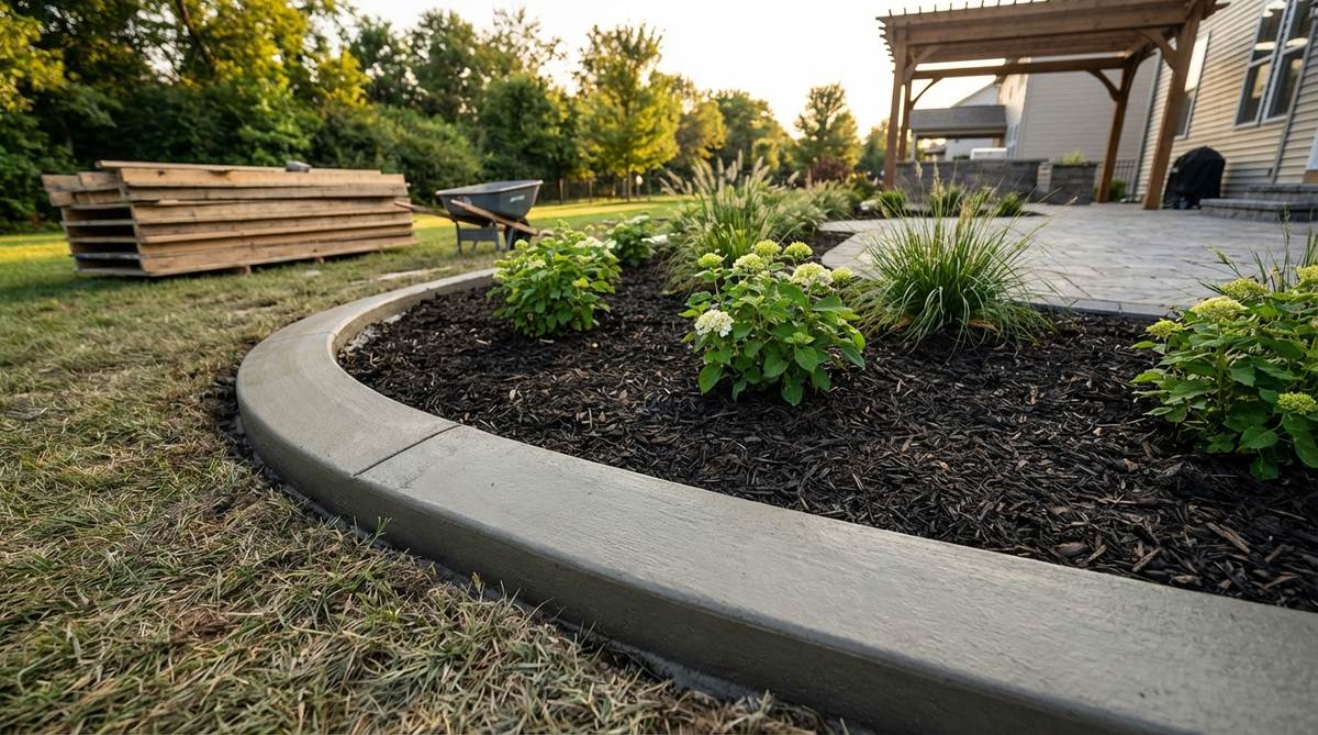 A seamless poured concrete border being professionally installed along a modern garden bed, showing the smooth continuous finish that resists frost damage and root intrusion.