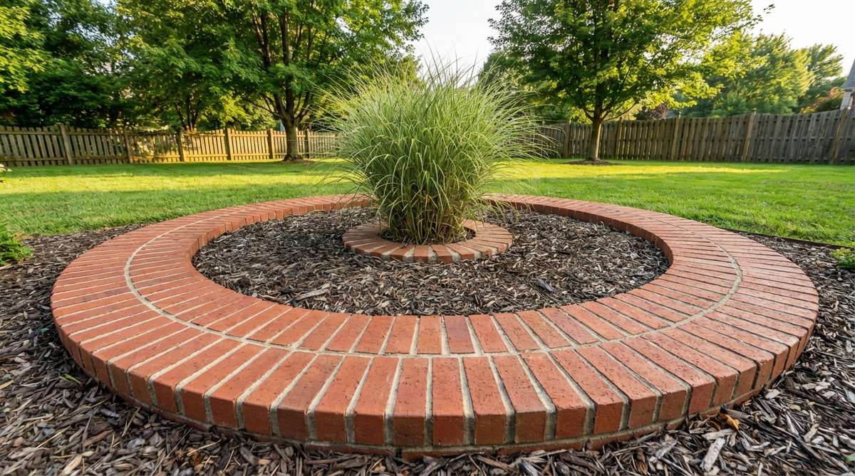 A detailed illustration showing bricks radiating from a central point to form a circular garden border around a focal plant. The image demonstrates how bricks are cut into wedge shapes to maintain consistent joint width along the arc, with annotations highlighting the geometric precision and formal design suitable for cottage gardens.