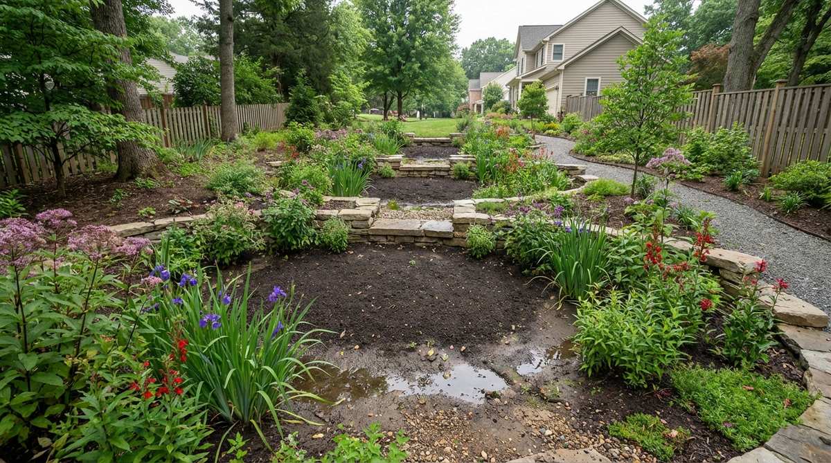 A detailed illustration of rain garden terraces in a sloped garden design, showing depressed planting beds at terrace bases that capture and slowly infiltrate runoff through amended soil layers. Native wetland plants are depicted thriving in these periodically saturated zones, with basins excavated 6-12 inches below grade and filled with a sand-compost mixture. The image highlights how this approach recharges groundwater, filters pollutants, and features strategic plant selections that create vibrant seasonal color displays, especially after rain events, based on regional rainfall intensity calculations.