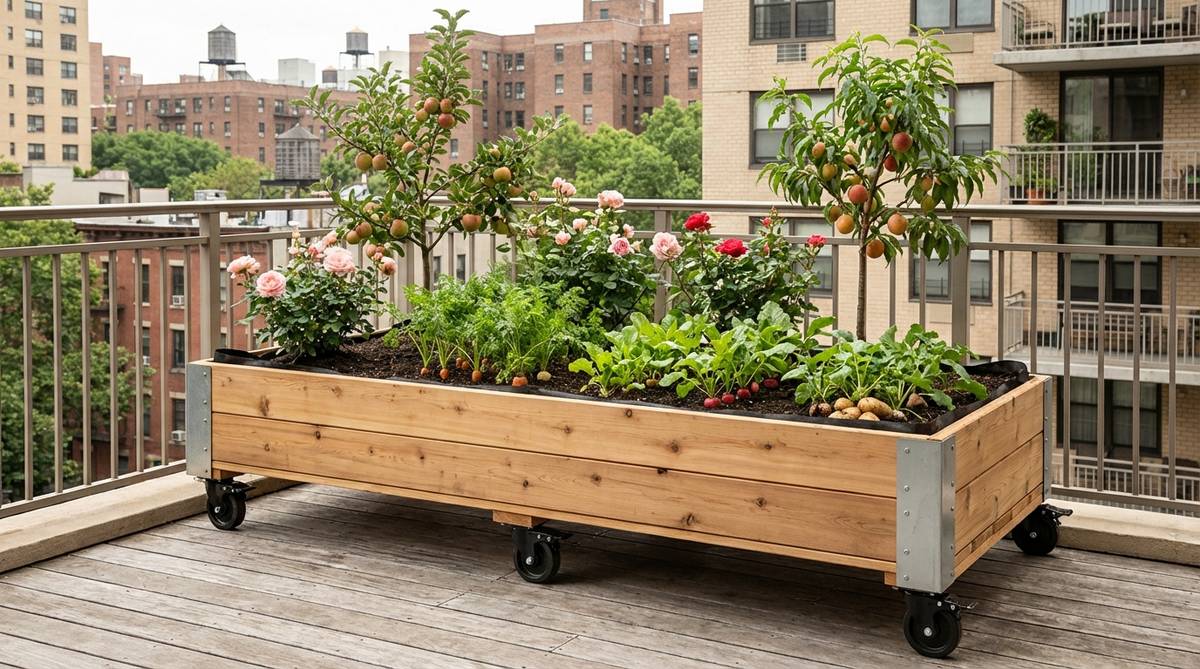 A custom-built wooden raised bed box garden on a balcony in New York City, showcasing deep root space for dwarf fruit trees, roses, and root vegetables. The elevated design reduces bending strain and deters pests, with landscape fabric lining and quality potting mix visible. Caster wheels for mobility are included, emphasizing weight considerations for older buildings.