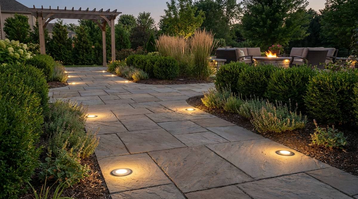 A professional installation of recessed hardscape lights along a garden pathway, showing flush-mounted fixtures spaced 8-10 feet apart at the edge of the paving to provide safe illumination without glare or obstruction.
