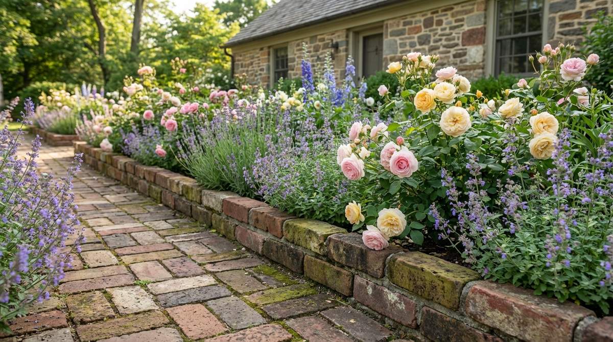 Weathered antique bricks with patina variations creating character-rich borders in a cottage garden setting. The surface irregularities and color shifts add unique texture, complementing heirloom roses and traditional perennials. This sustainable approach uses reclaimed bricks from architectural salvage yards to enhance historic property restorations and informal herb gardens.