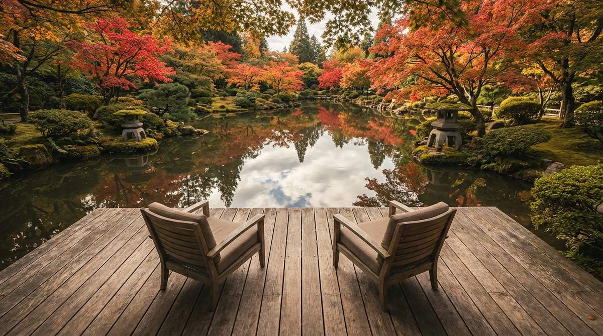 A wooden deck extending over still water in a Japanese garden, offering an elevated perspective where viewers can observe the reflected sky and surrounding maples on the pond's surface, with design details including a width for two seated viewers and concealed support posts.