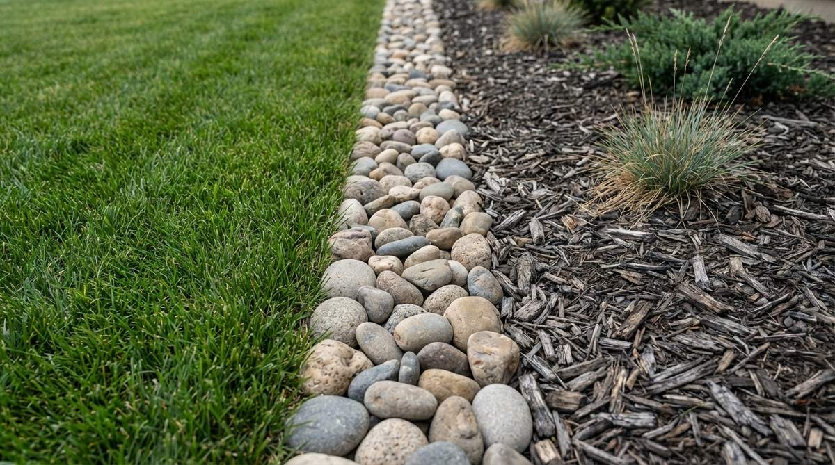 A close-up photo showing a 4-inch strip of smooth river rocks creating a clean transition between green lawn and dark wood mulch. The stone barrier effectively prevents mulch migration while maintaining clear garden boundaries. This practical edging solution reduces maintenance time by 30-40% compared to mulch-only borders.