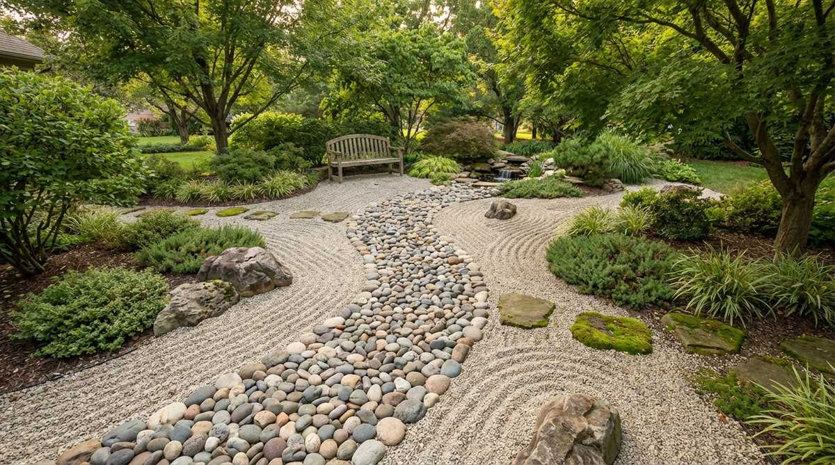 A serene river stone pathway in a zen garden, featuring smooth, rounded stones embedded in raked gravel to create a functional and aesthetically pleasing walking path that encourages mindful movement.