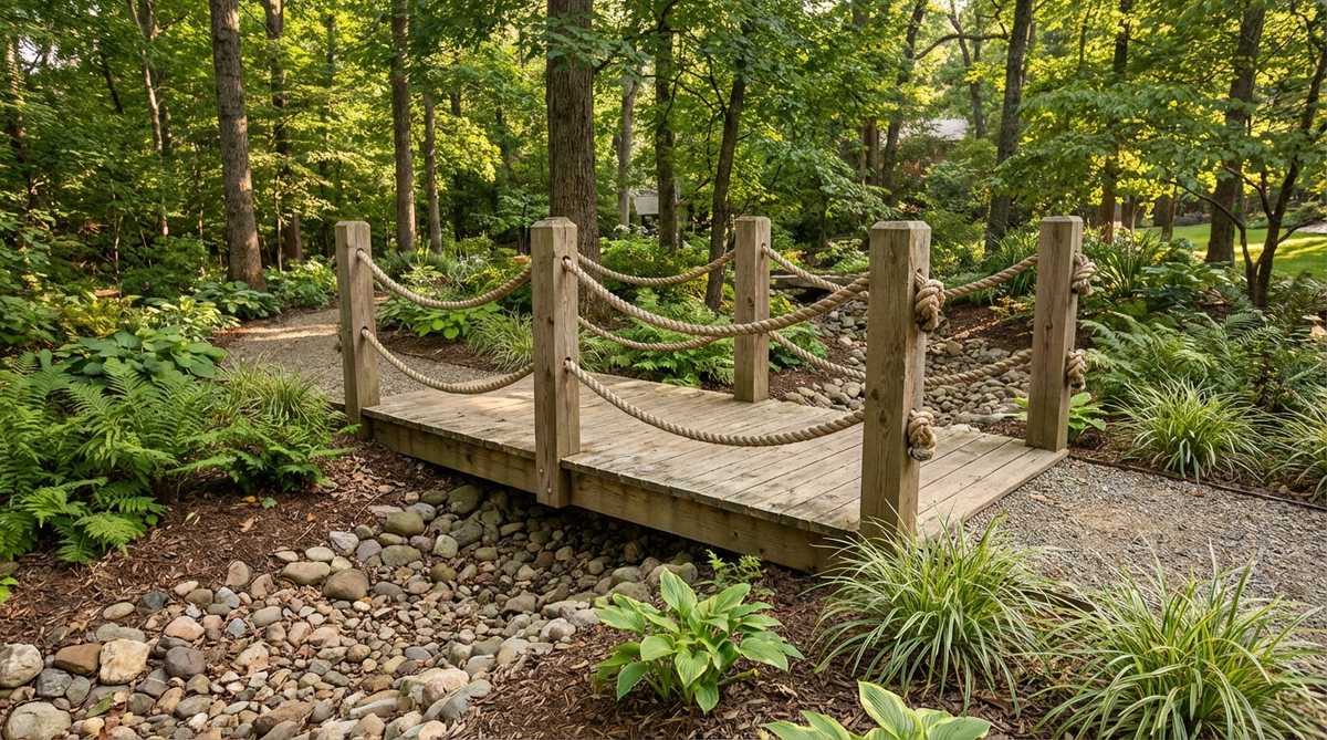 A decorative rope-rail woodland bridge with natural fiber rope railings threaded through vertical posts, ideal for crossing narrow dry beds or connecting garden rooms in a casual planting scheme.