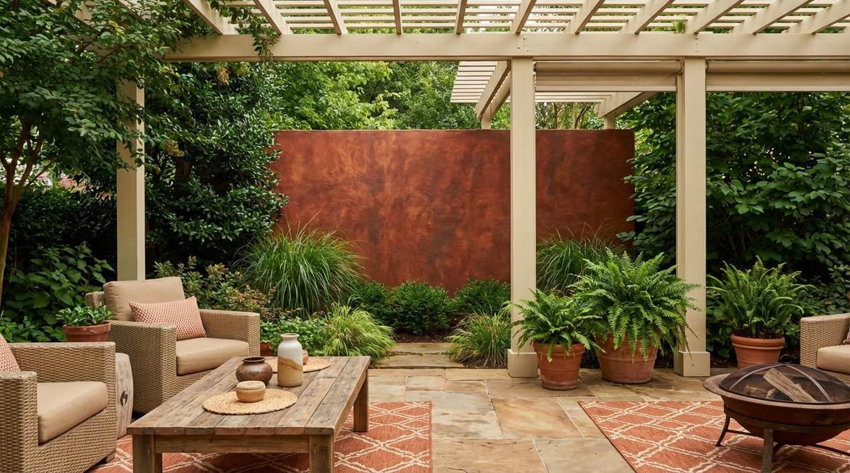 A deep rust-colored accent wall serving as a dramatic backdrop in an Afro Boho decor setting, featuring warm burnt orange-brown tones that complement greenery and natural elements. The wall is balanced with cream trim and sand-colored furnishings, creating a harmonious contrast with deep green plants for an earthy, nature-inspired aesthetic.