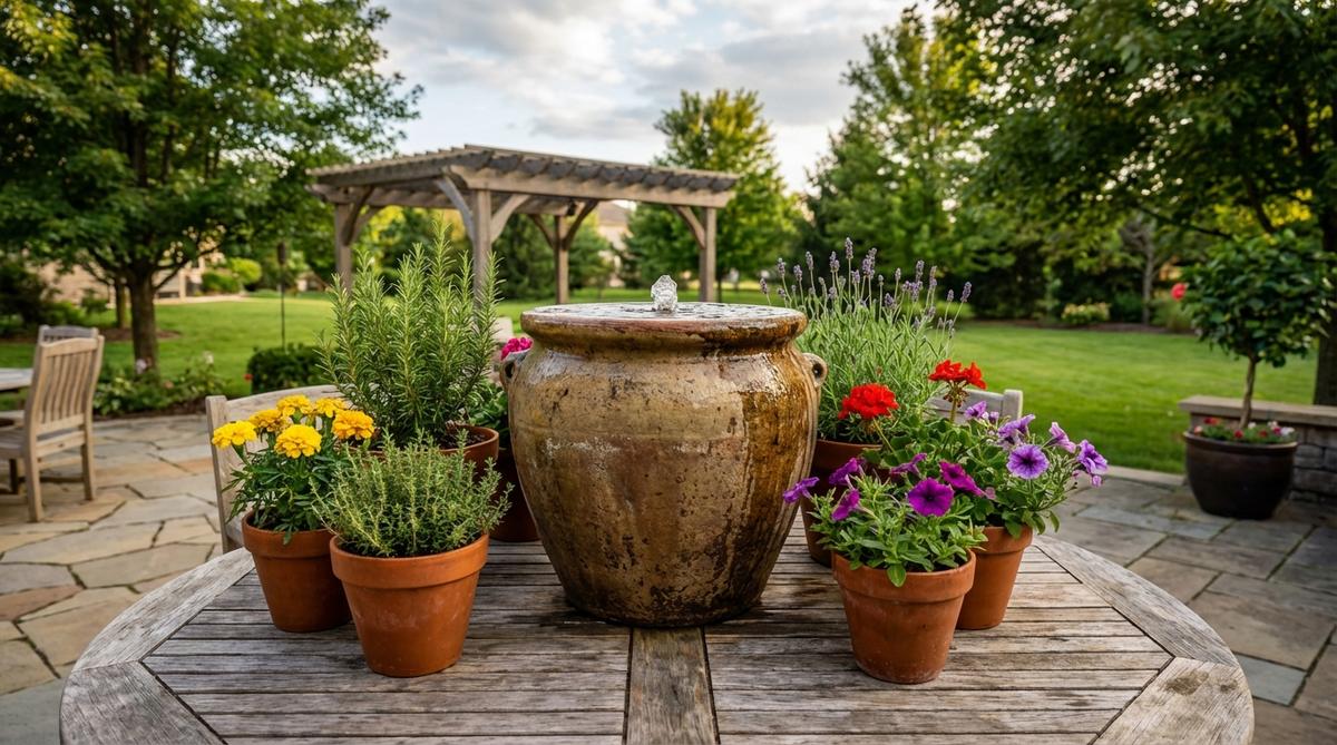 A weathered ceramic pot with textured finish serves as a compact garden fountain, with water bubbling from its center. Its earthy tones blend naturally with garden palettes, suitable for patio tables or low plant stands among potted herbs and flowering annuals.