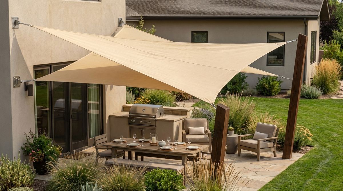 A modern triangular sail shade canopy installed between anchor points on house walls and posts, providing UV protection and creating sculptural geometric overhead coverage for outdoor parties.