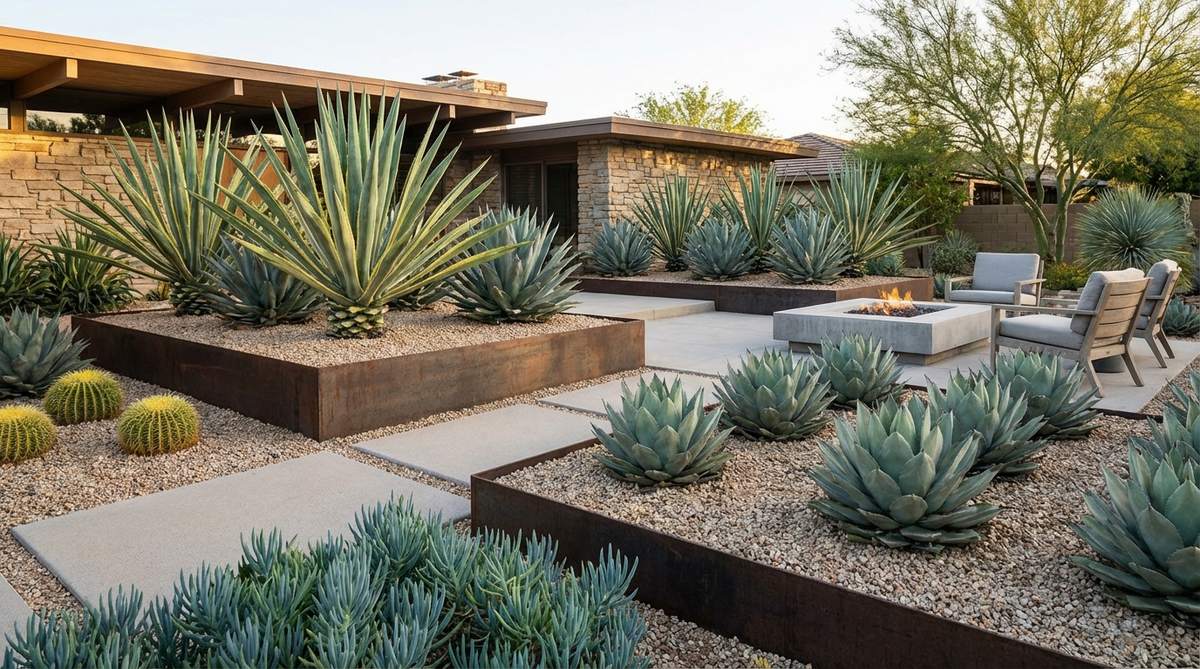 A mid-century modern garden featuring architectural succulents and agaves, such as Agave americana and whale's tongue agave, arranged in geometric groupings within gravel beds or raised planters. This design emphasizes year-round structure with minimal water, creating bold focal points and dynamic compositions that reference abstract sculpture, ideal for Mediterranean and desert climates.