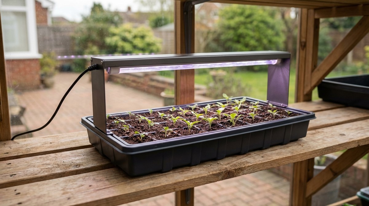 A compact seed starter tray with built-in full-spectrum LED lighting, designed for germination and early seedling growth in mini garden greenhouses. Features adjustable light height, energy-efficient operation, and a low-profile design suitable for countertops or shelving.