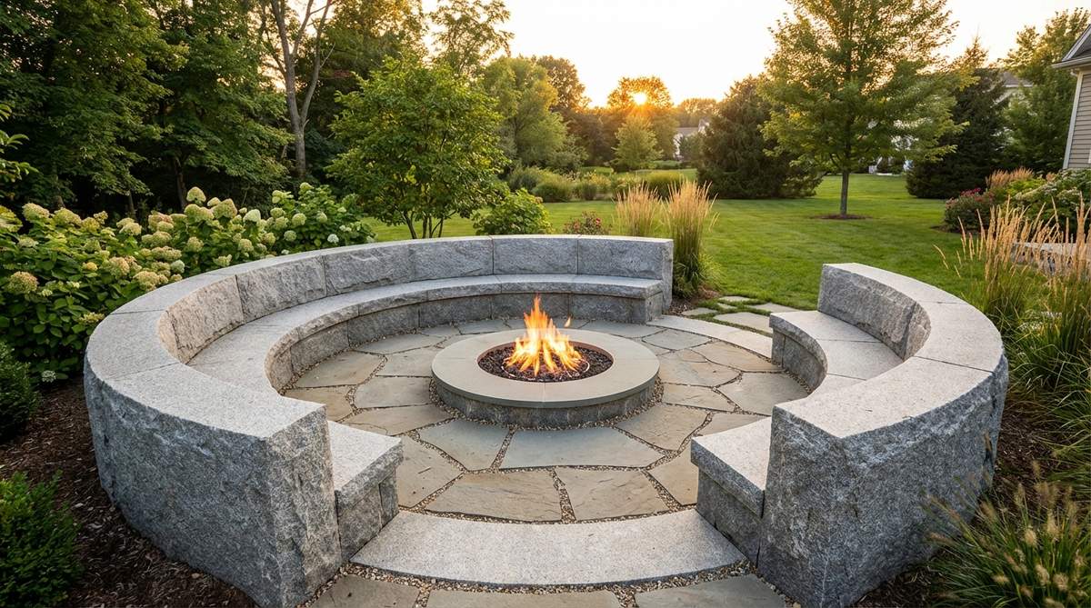 A curved stone bench forming a half-moon shape around a central fire pit, with all seating positioned at equal distance from the flames. The bench is constructed from non-combustible stone like granite or basalt, with proper drainage and permeable paving between the bench and fire pit.